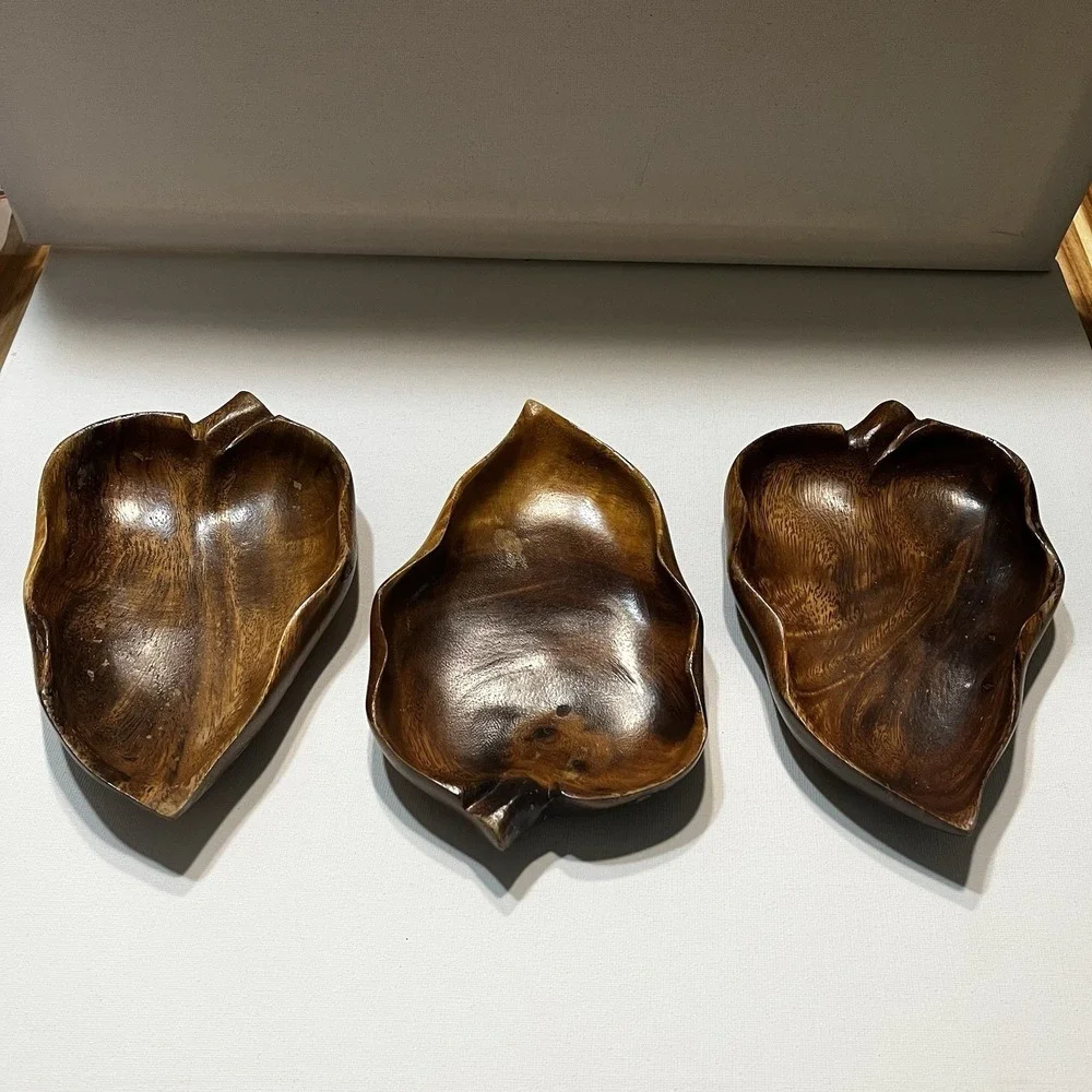 Vintage Monkey‎ Pod Wood Leaf Bowls Set of 3 Hawaii Serving Dishes MCM
